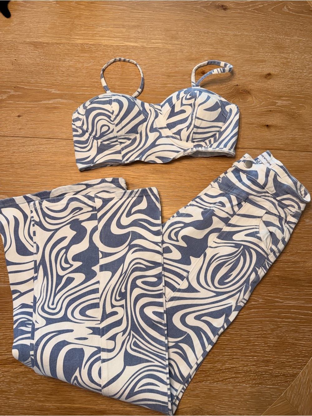 Blue & White Swirl Crop Top with Matching High-Waist Pants